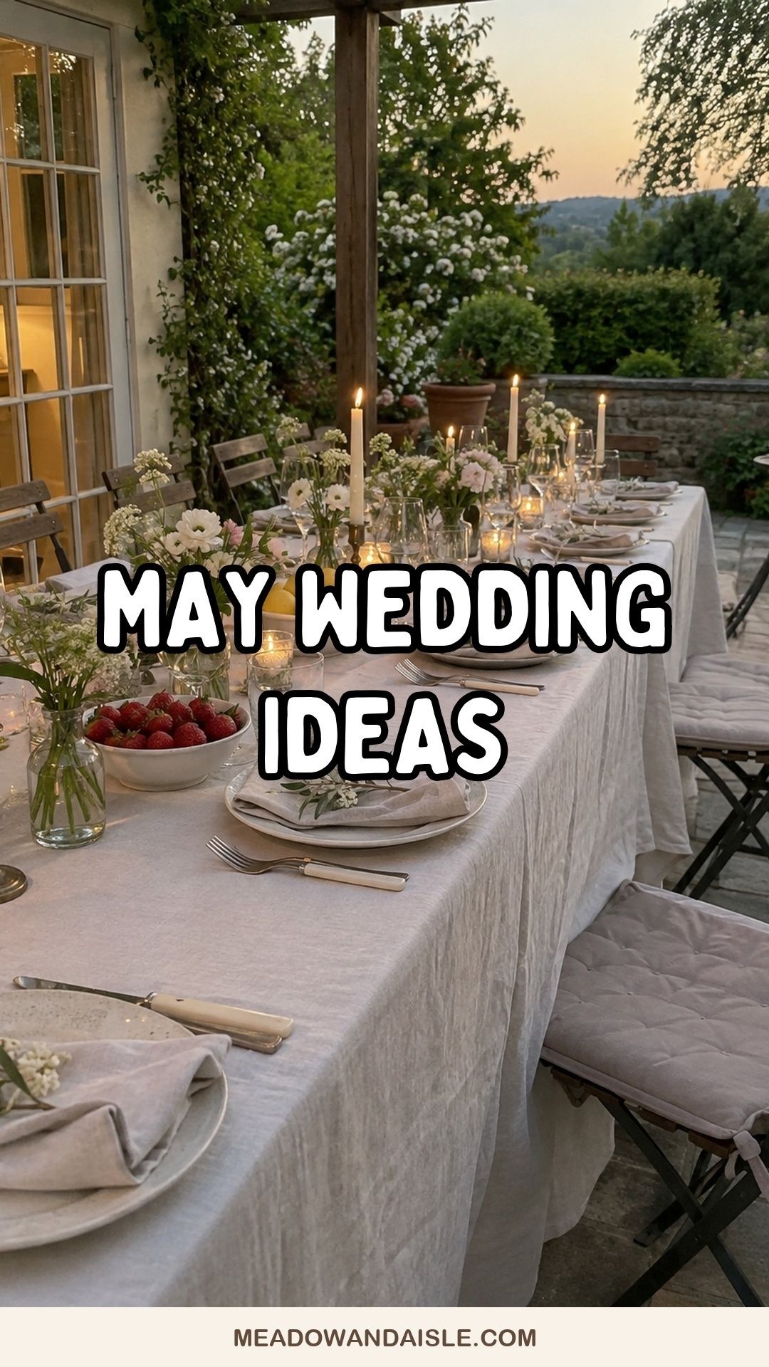 May wedding ideas Pinterest pin with an intimate garden dinner.