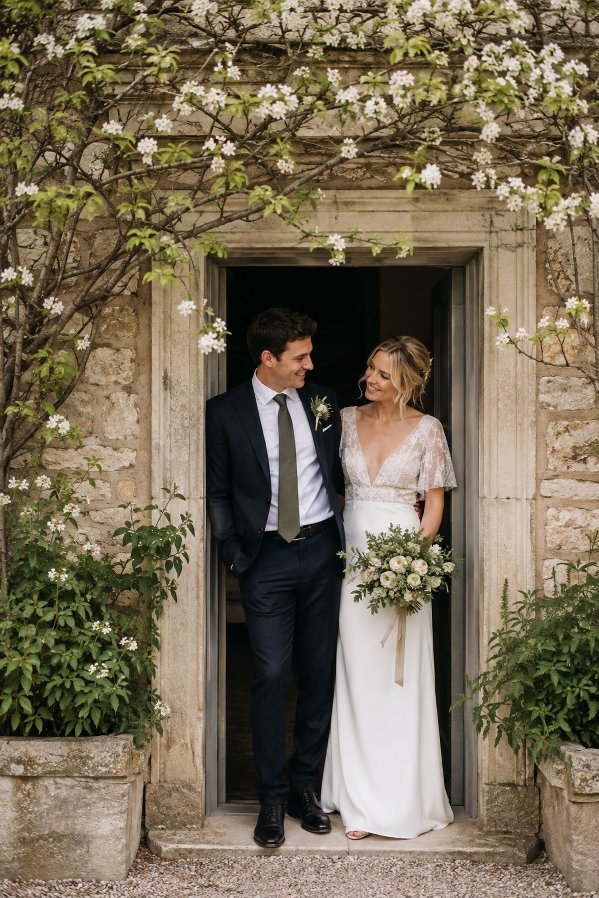 Couple portrait in a doorway framed by blossoms or greenery
