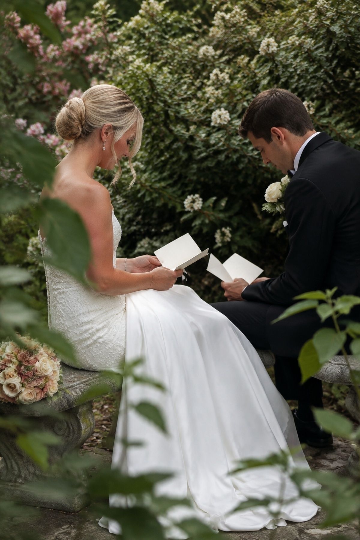 Private vows in front of a blooming backdrop