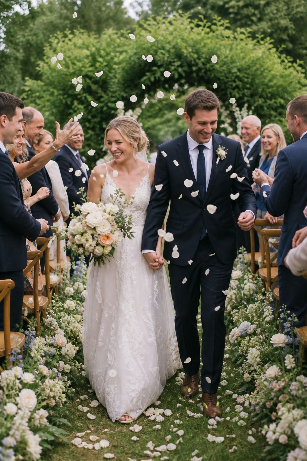 Couple exiting down a flower-lined aisle