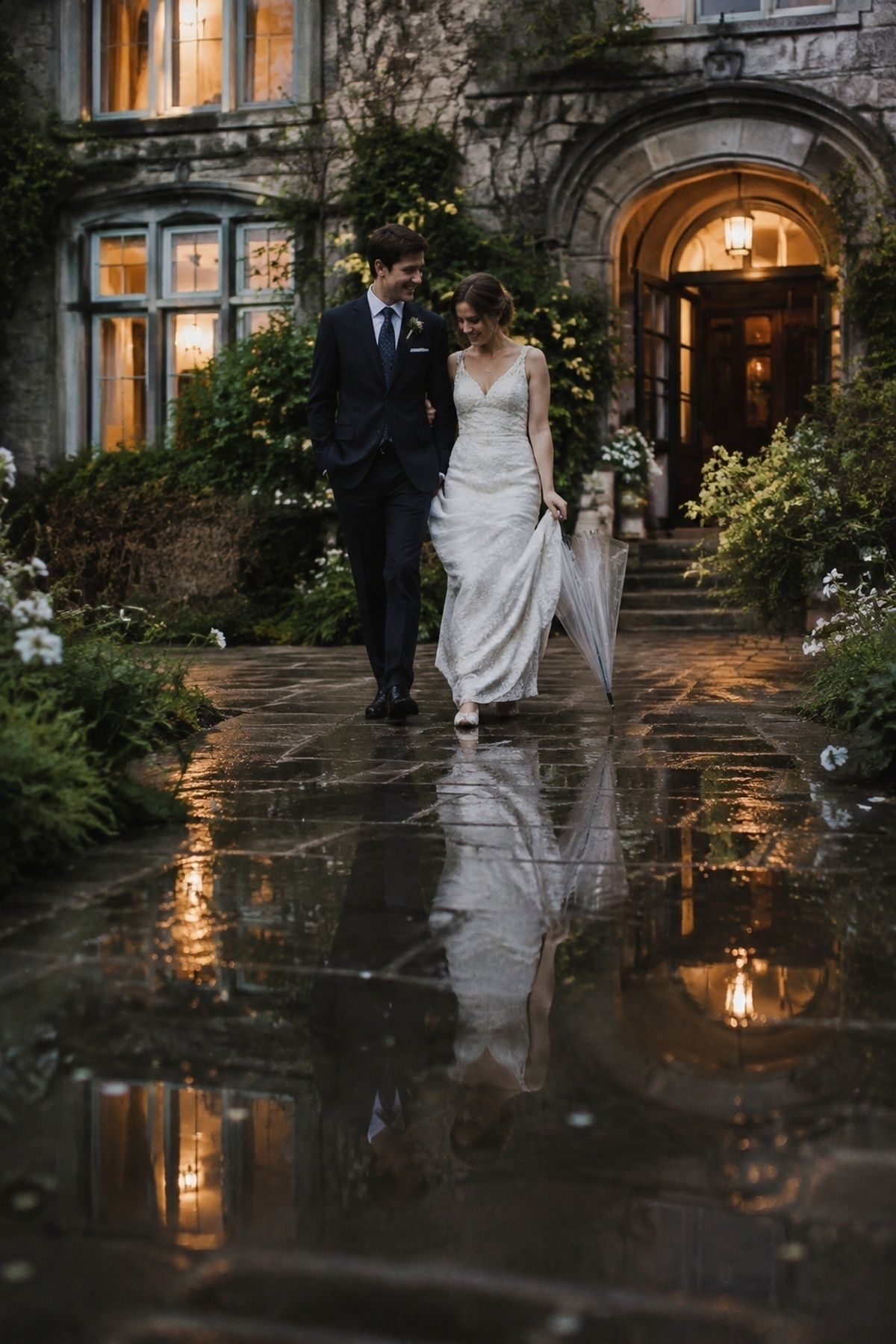 Wedding venue reflected in rain puddles