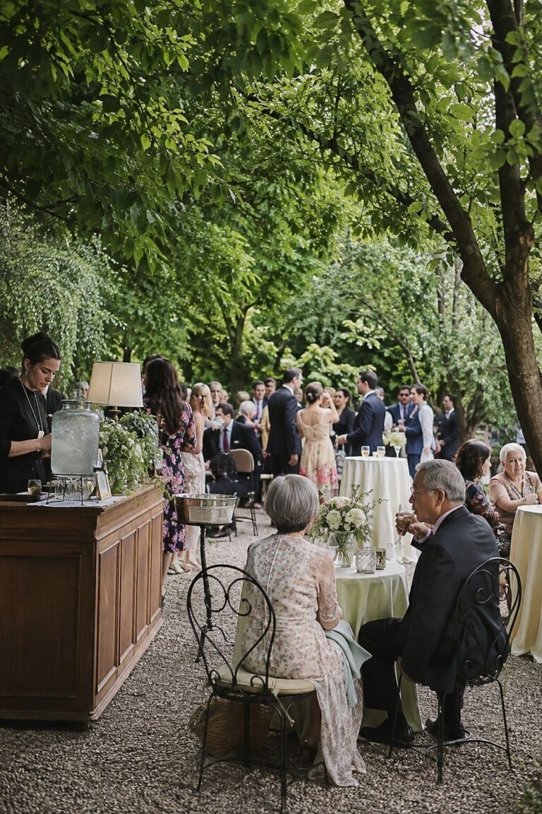 Garden Cocktail Hour With Shaded Seating for May wedding reception ideas