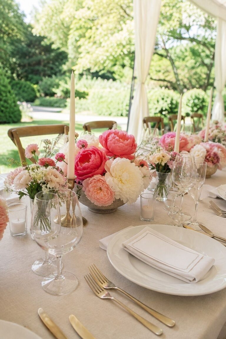 Ivory Linens With Garden Peonies on a May wedding reception table