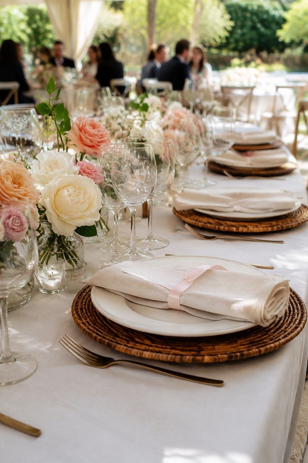 Rattan chargers with garden roses