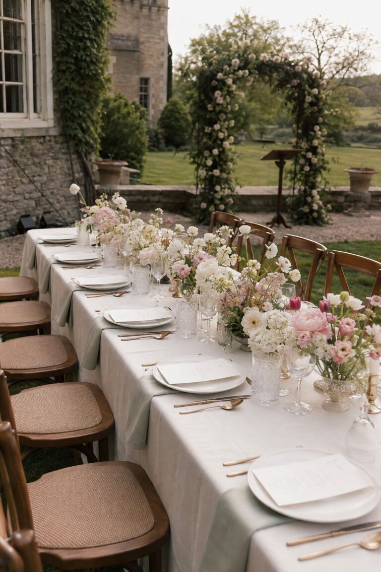 English Garden Dinner May wedding theme with intimate Meadow & Aisle styling