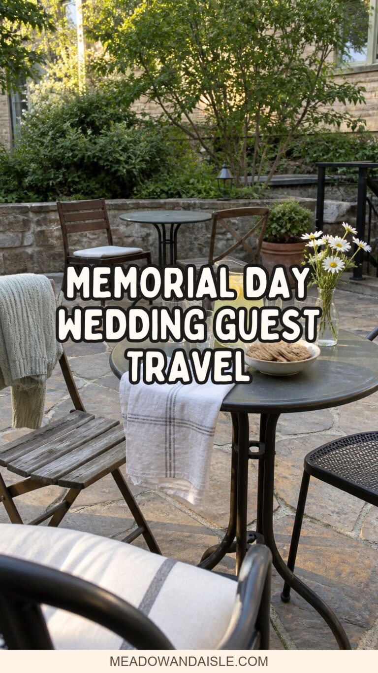 Memorial Day wedding guest travel pin over a casual welcome-drinks patio photo