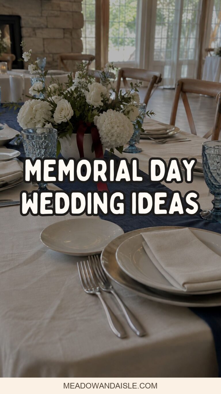 Memorial Day wedding ideas pin over a subtle navy and white reception table
