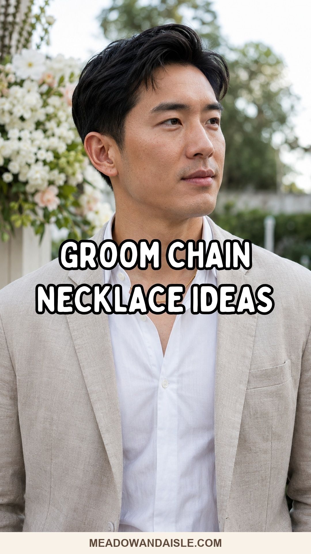 Groom in linen suit wearing a short gold chain, with Groom Chain Necklace Ideas title