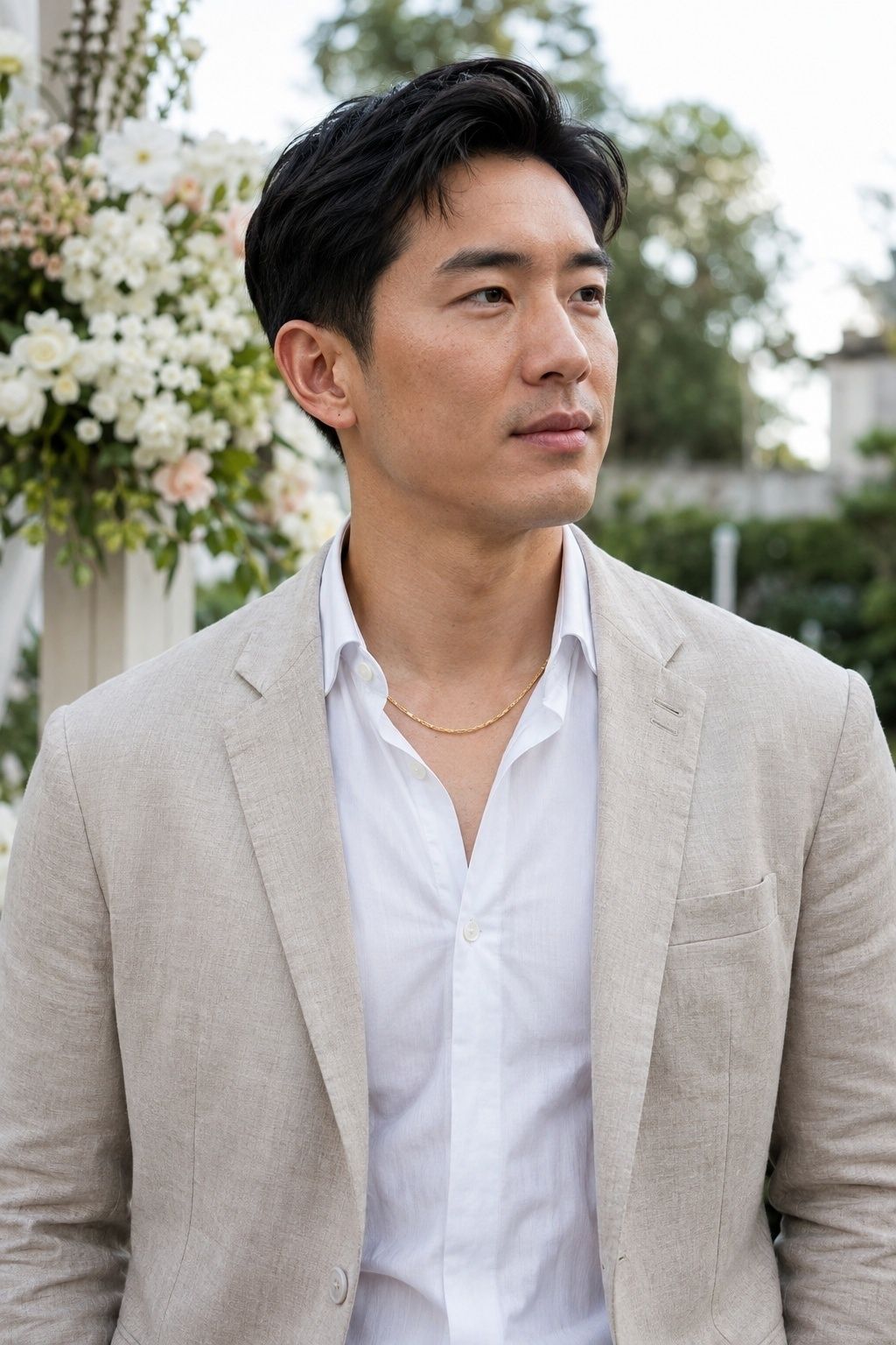 Short gold chain just below the base of the neck with a relaxed linen suit at a garden wedding