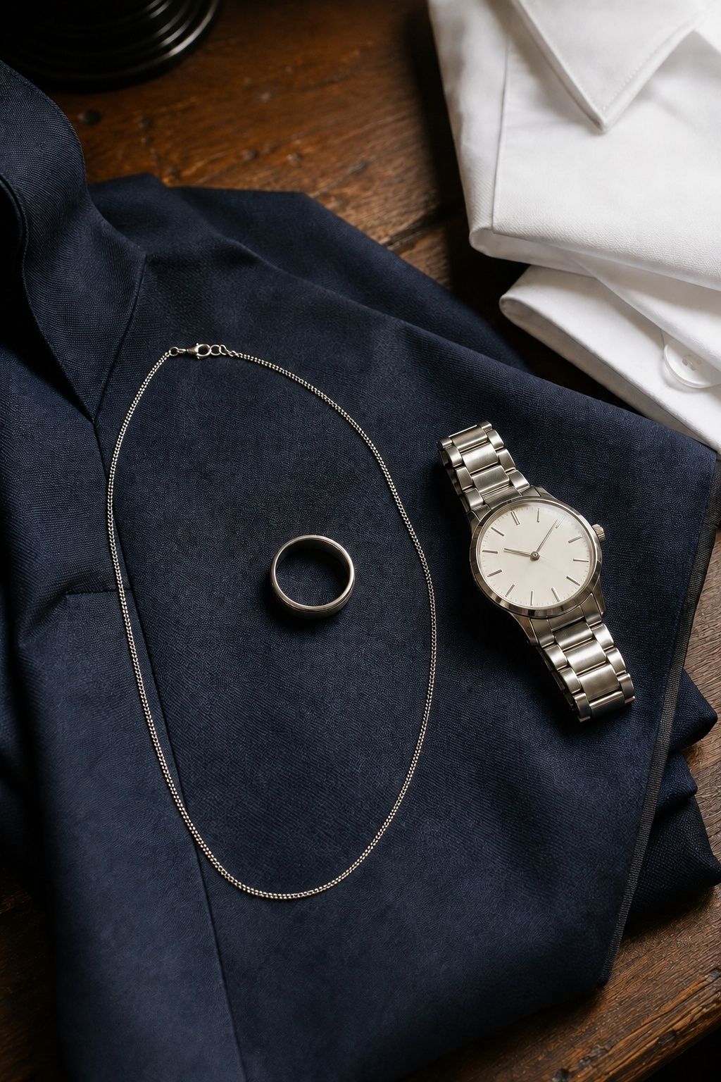 Geometric silver box chain, steel watch and white-gold wedding band laid on navy suit fabric in the getting-ready room
