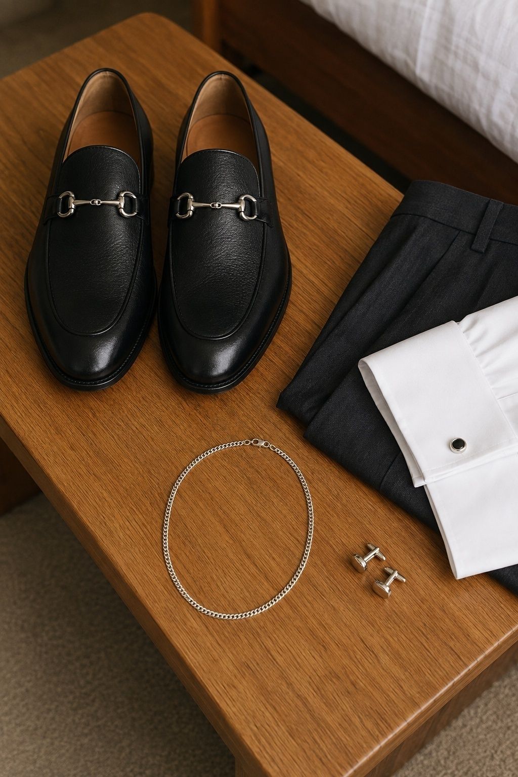 Silver necklace, simple cufflinks, and silver-bit black loafers arranged as groom accessories with charcoal tailoring