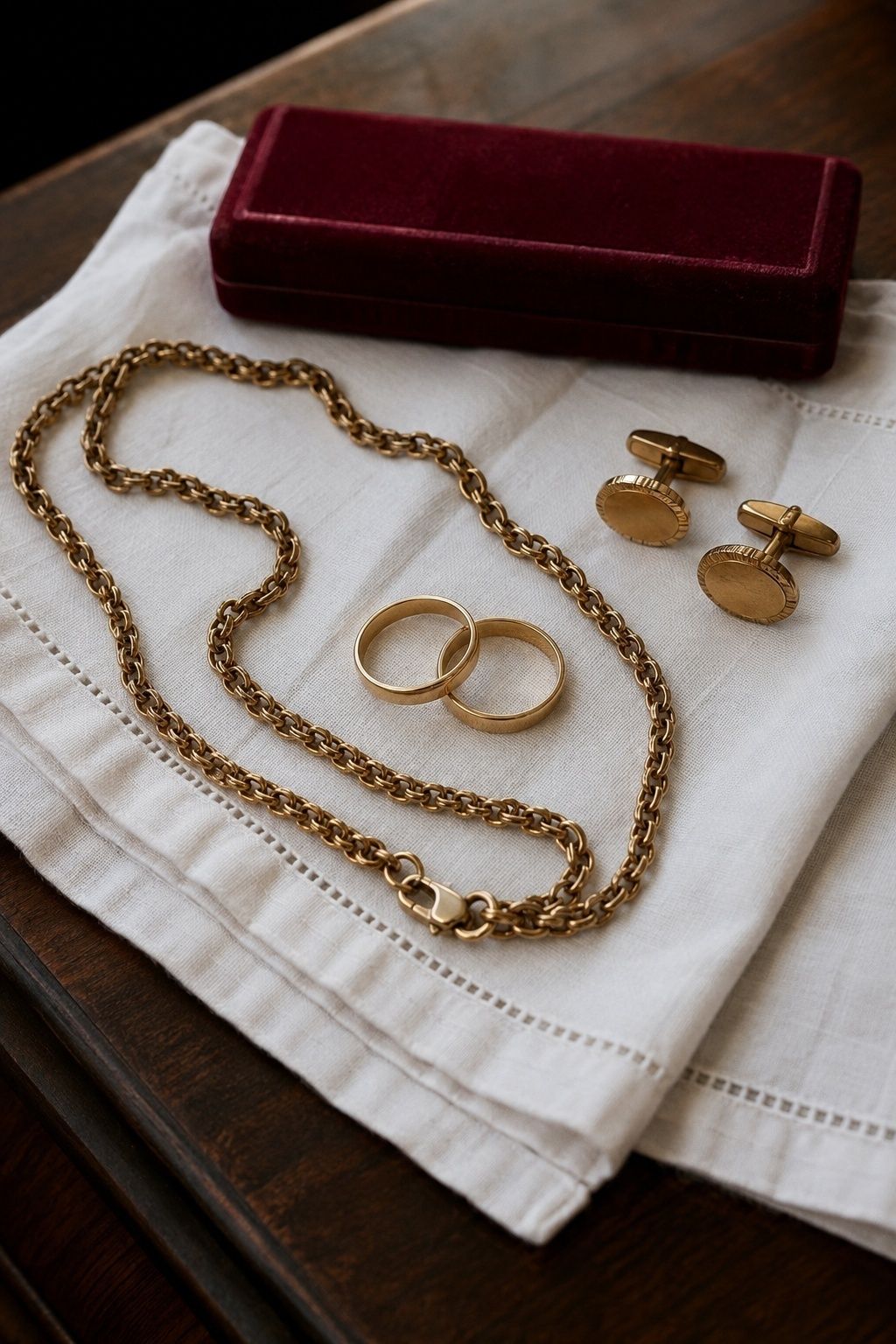 Older family gold chain with realistic clasp arranged with rings and cufflinks for ceremony detail photography