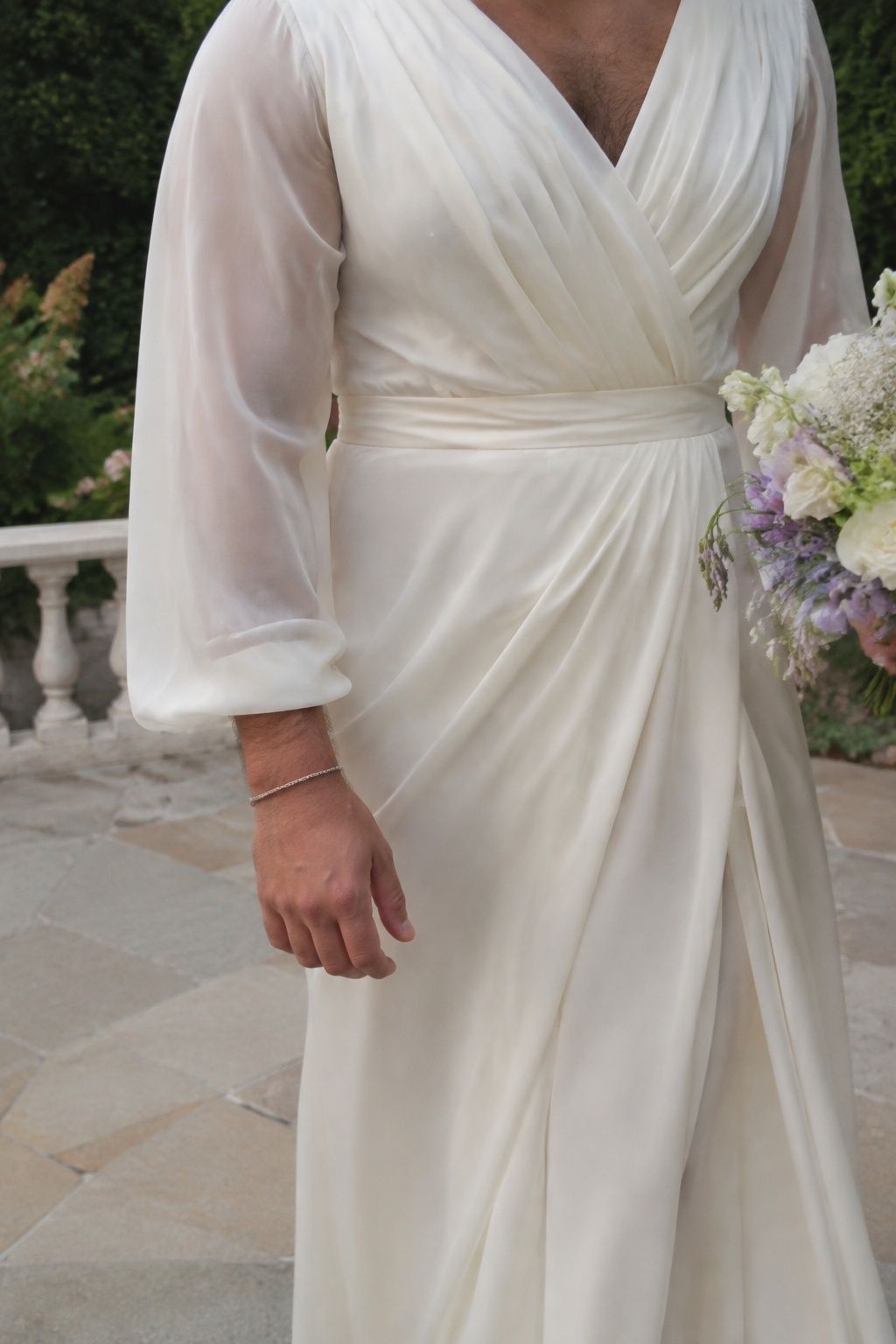 Minimal bracelet worn with a wedding dress for men