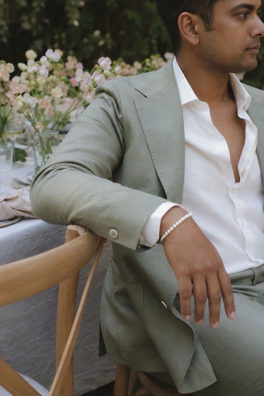 Pearl or stone bead bracelet with softly tailored suiting