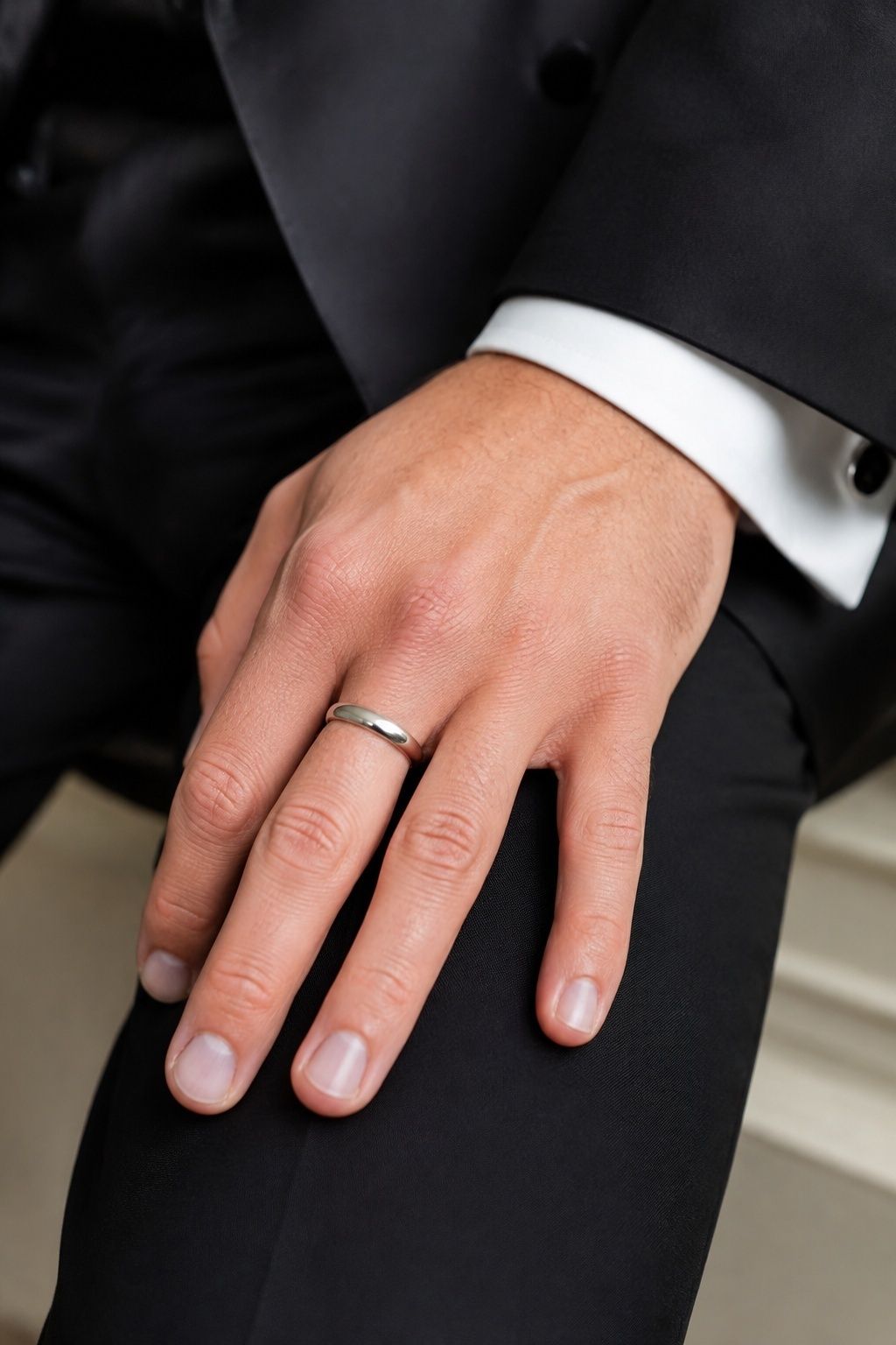 A Polished Silver Wedding Band with A Clean Tuxedo