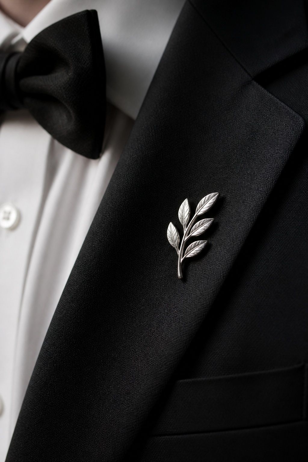 Cool silver brooch on a groom's lapel