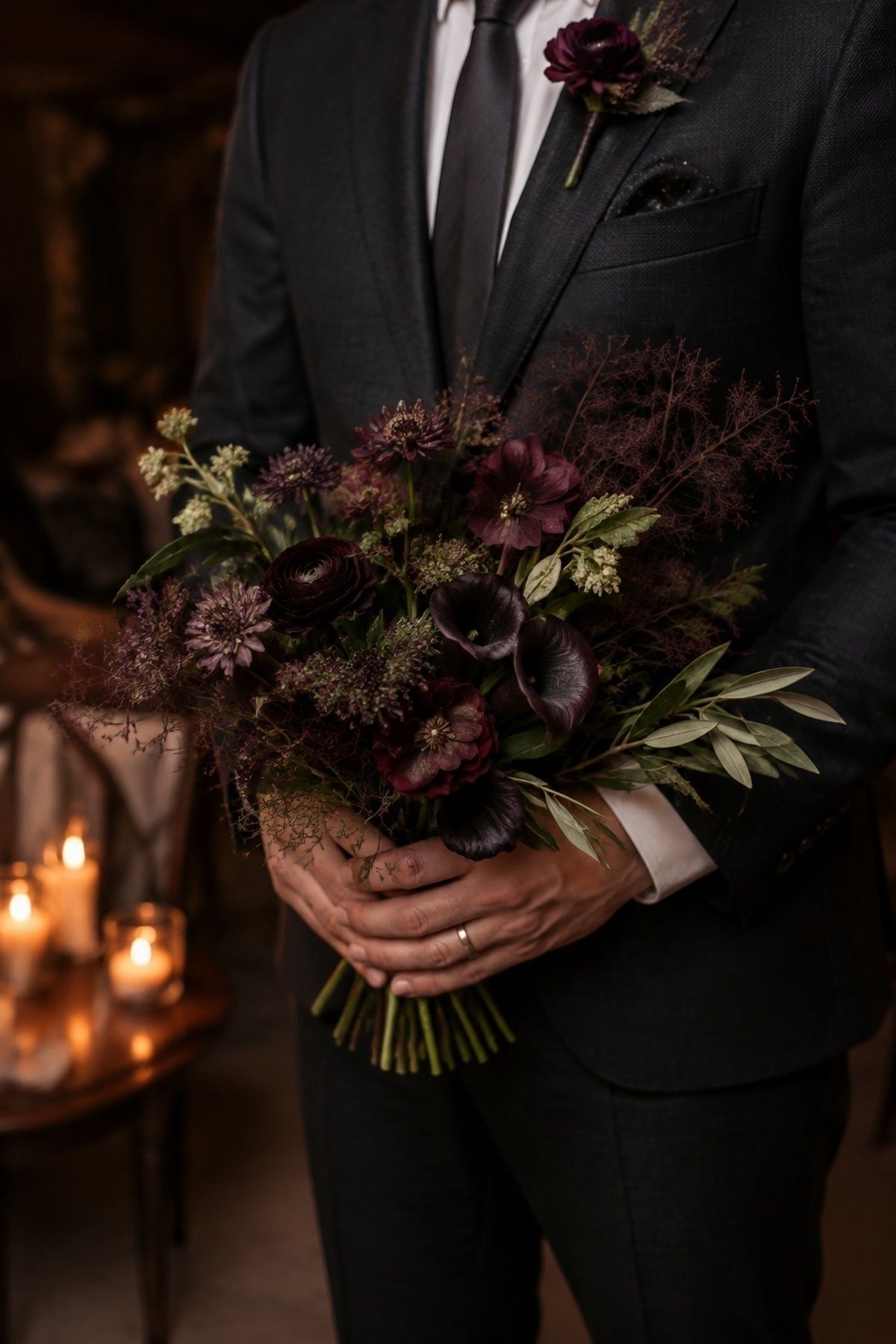 Dark plum and olive groom bouquet
