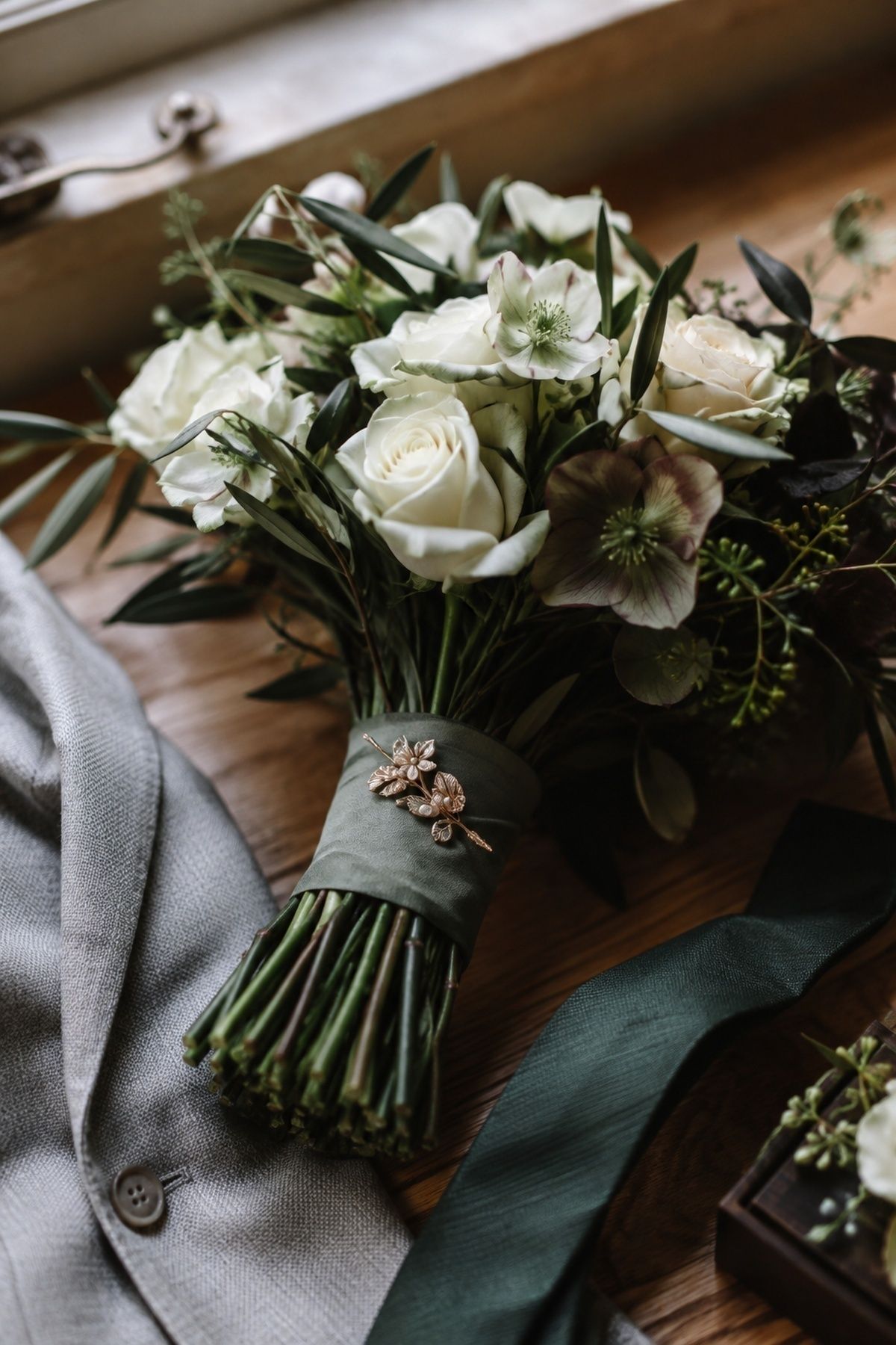 Groom bouquet with a brooch and flowers
