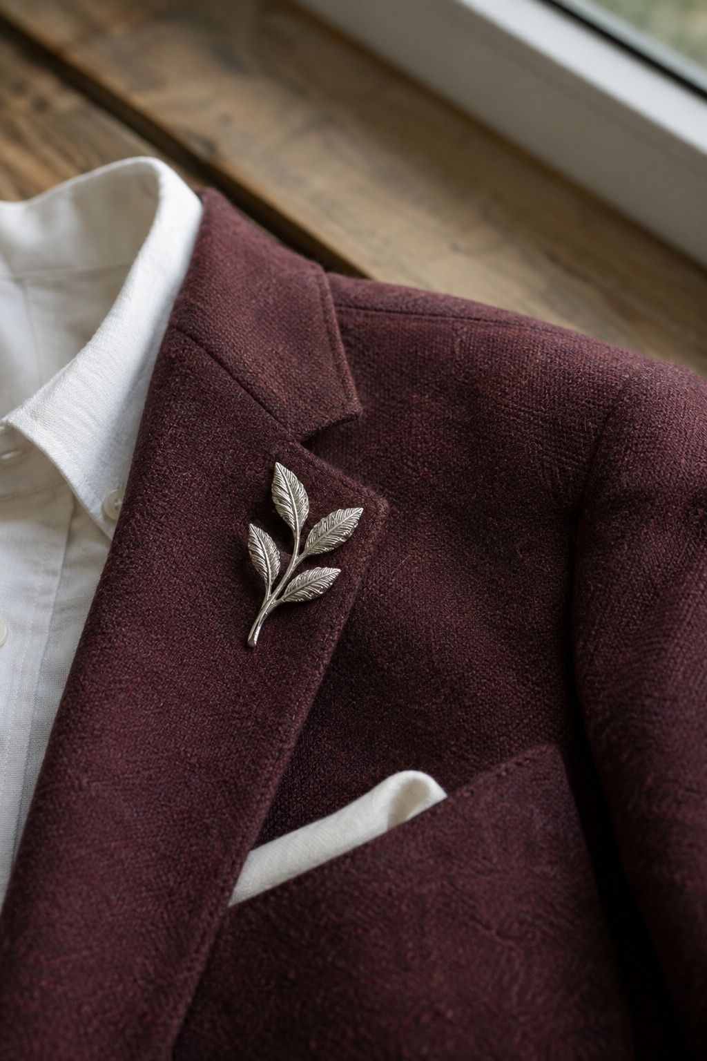 Groom wearing a brooch instead of a boutonniere