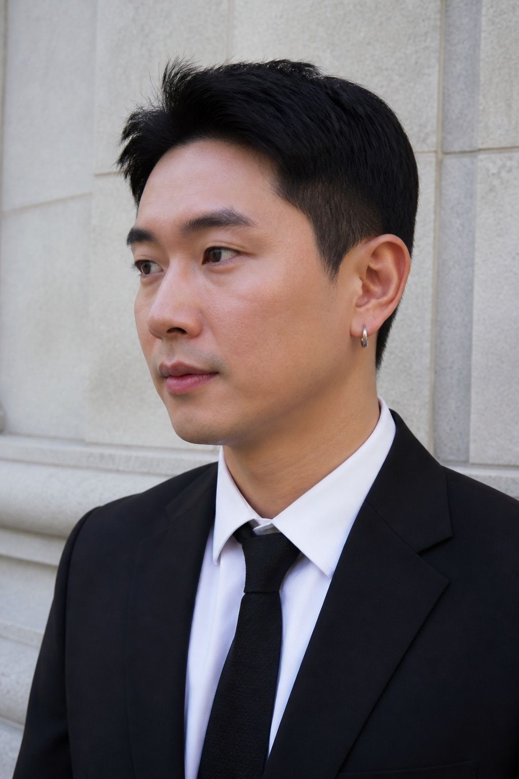 Groom in a modern black suit wearing silver earrings