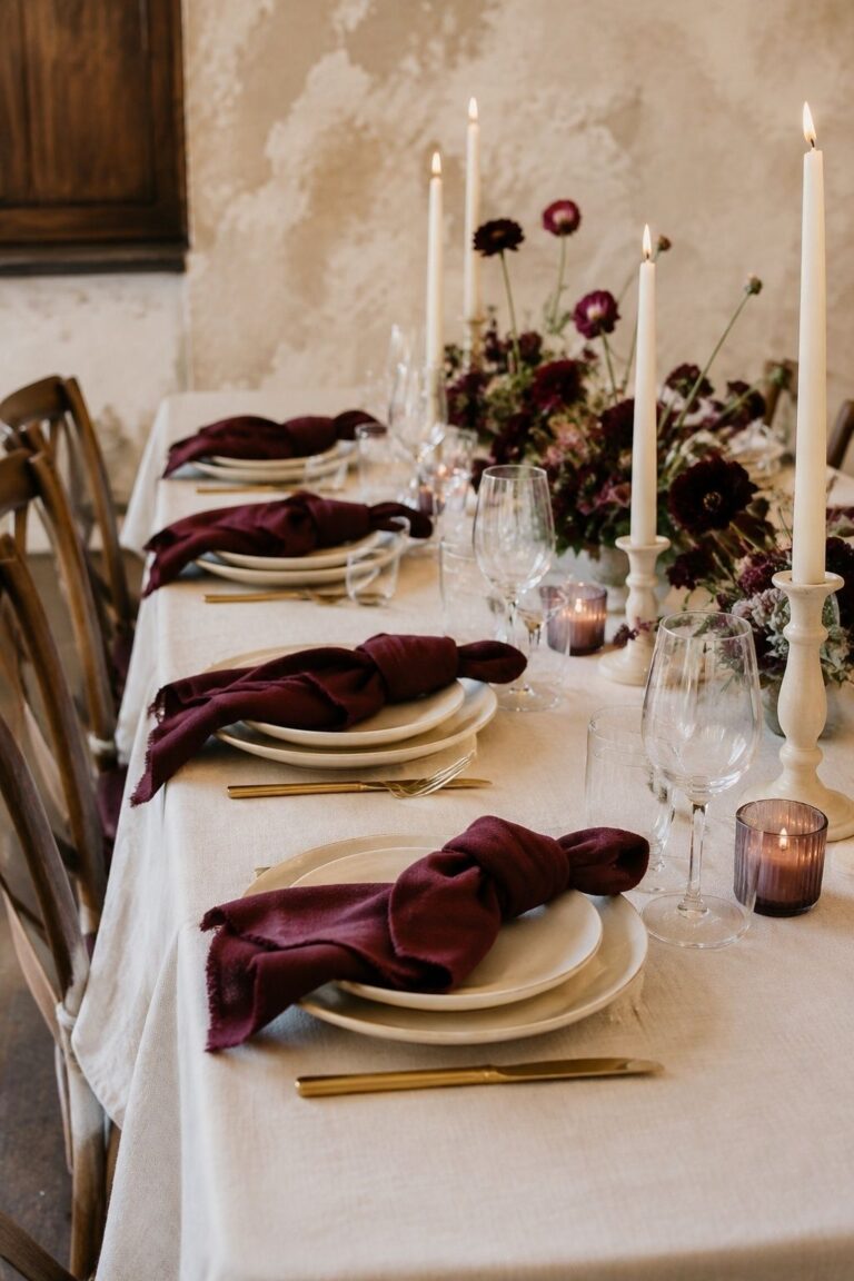Ivory wedding table with merlot napkins and wine-colored flowers
