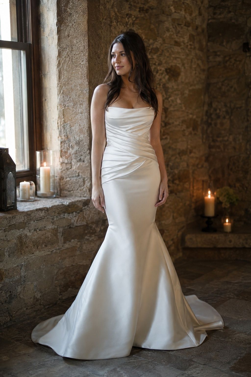 Diagonal satin folds across the waist, fitted hips and knee flare in a small stone venue.