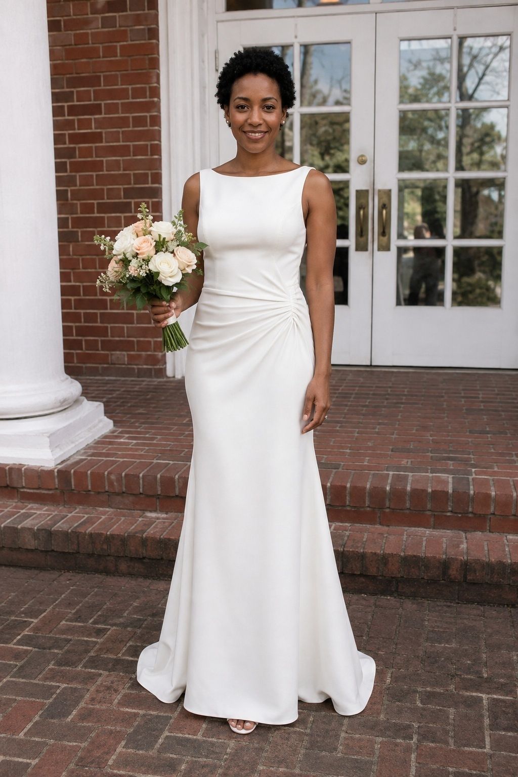 Matte crepe with soft one-hip gathers at a courthouse entrance.