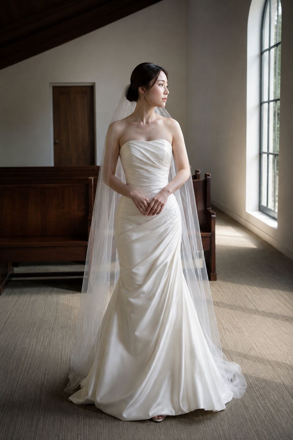 Strapless draped bodice with a plain sheer veil behind the shoulders in a chapel.