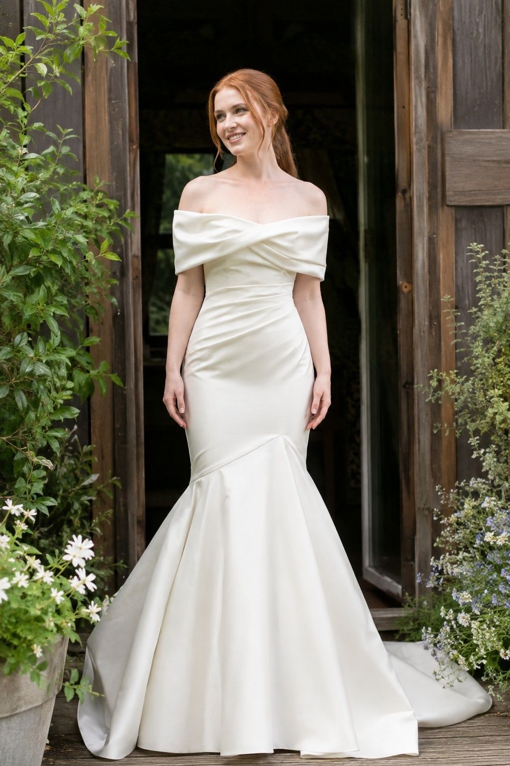 Off-shoulder bands and sculpted sweeping bodice folds at a timber garden doorway.