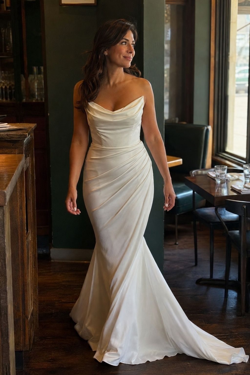 Fluid liquid silk draping with minimal stud earrings at a restaurant wedding.