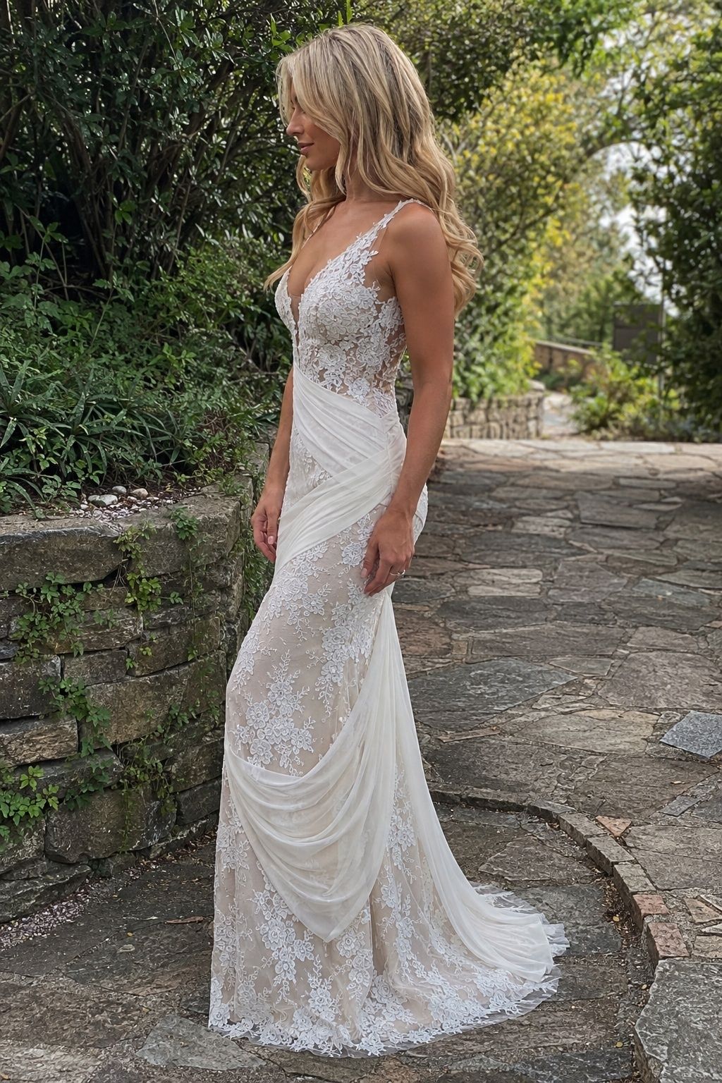 Spaced floral lace visible between soft draped overlay panels on a garden path.