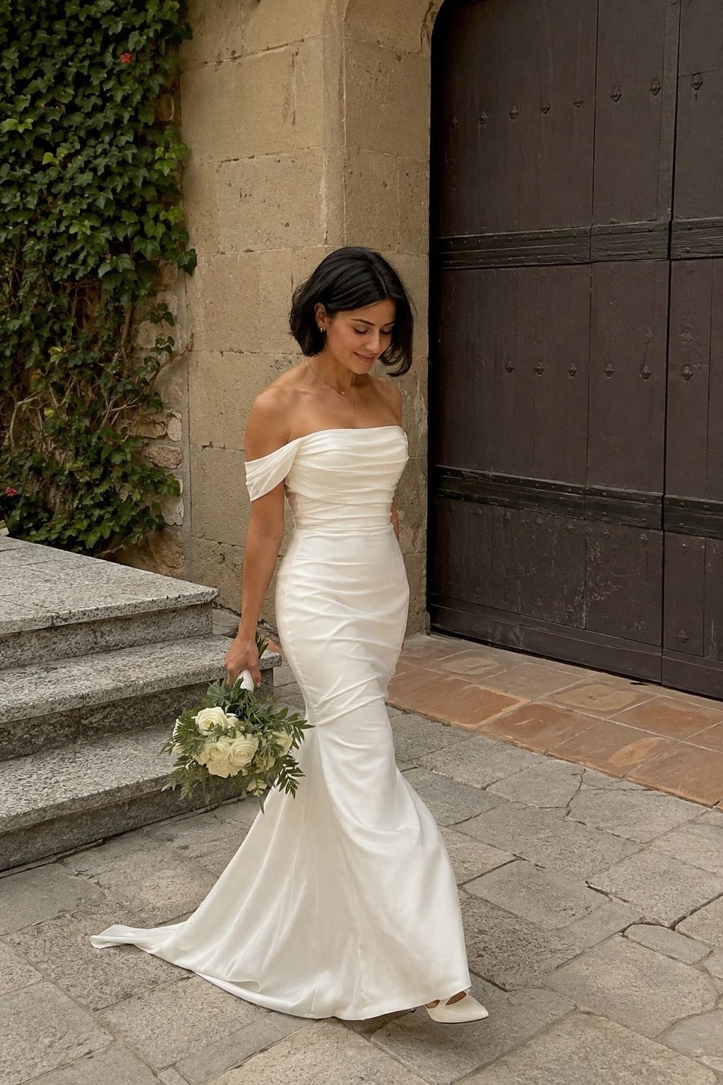 Petite adult bride with upper-knee flare, proportionate hem and natural walking room.