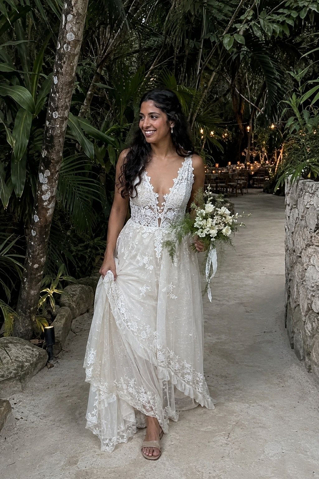 Textured wedding dress in a Tulum jungle setting