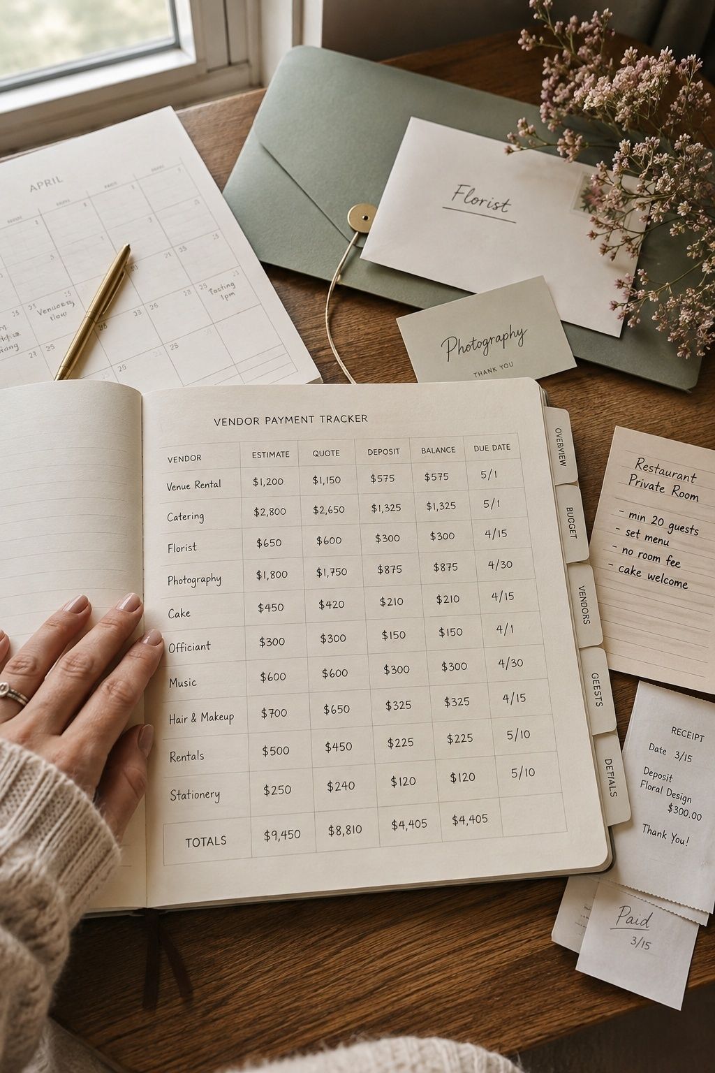 Budget planner tracking deposits and balances