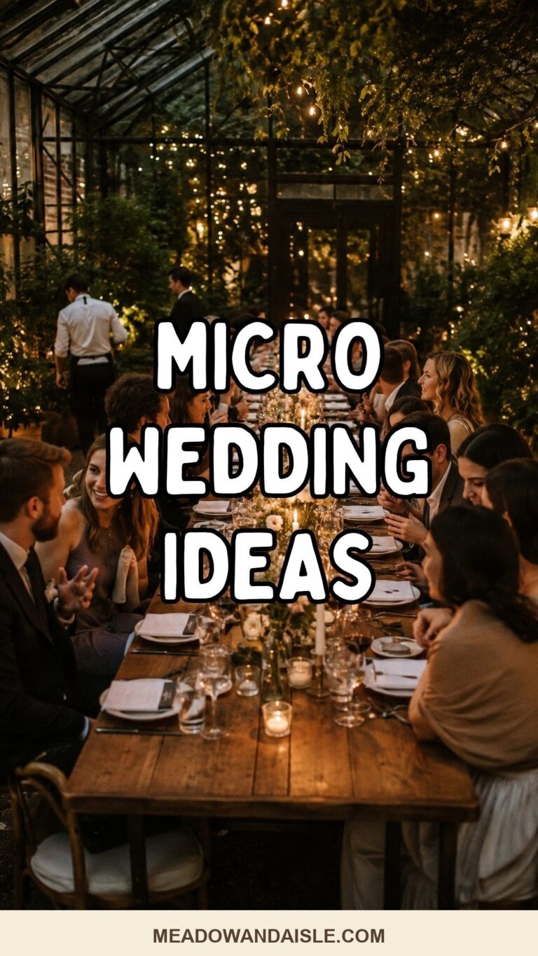 Micro wedding ideas Pinterest pin with an intimate long-table reception background