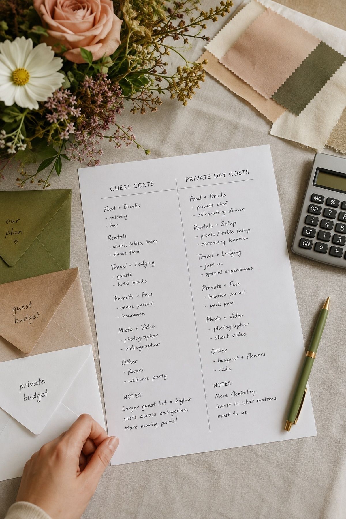 Cost notes comparing a micro wedding and an elopement