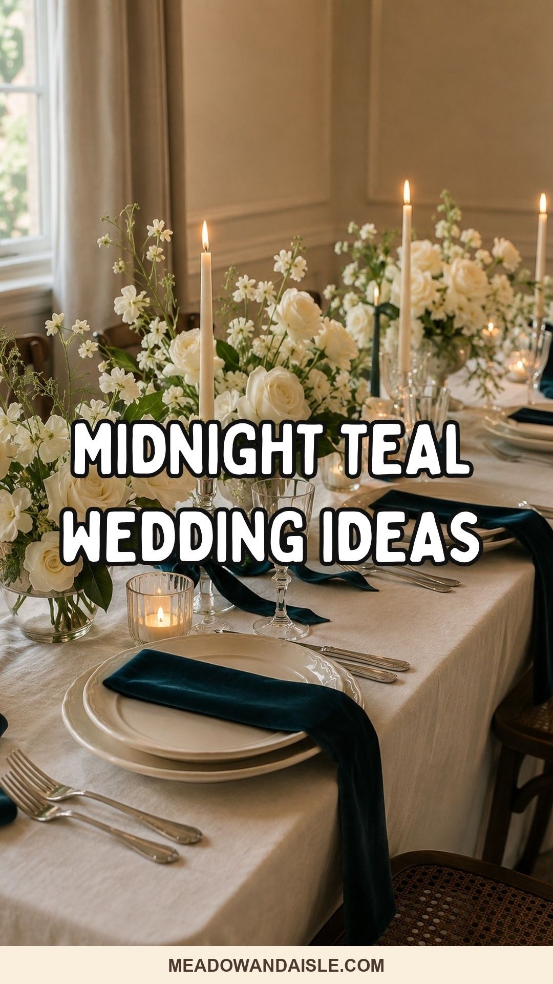 Pinterest pin with the title Midnight Teal Wedding Ideas