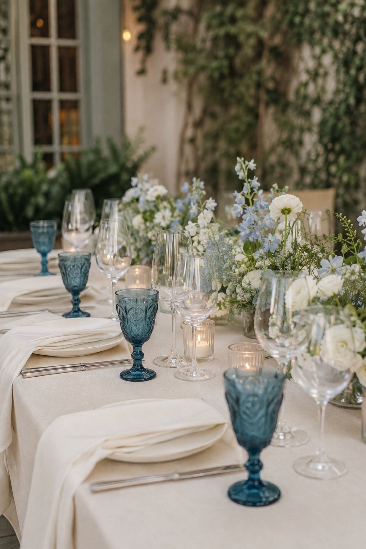 Teal glassware on guest tables