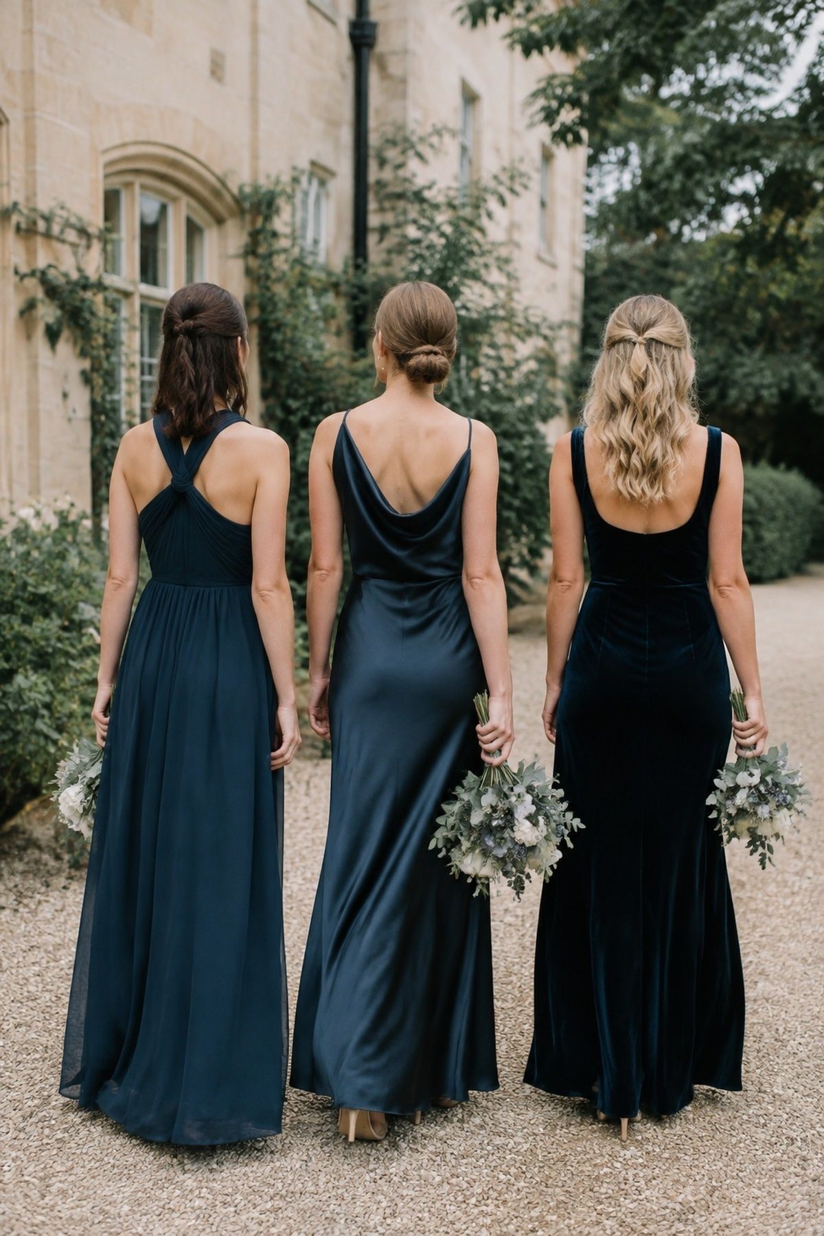 Bridesmaids in midnight teal dresses