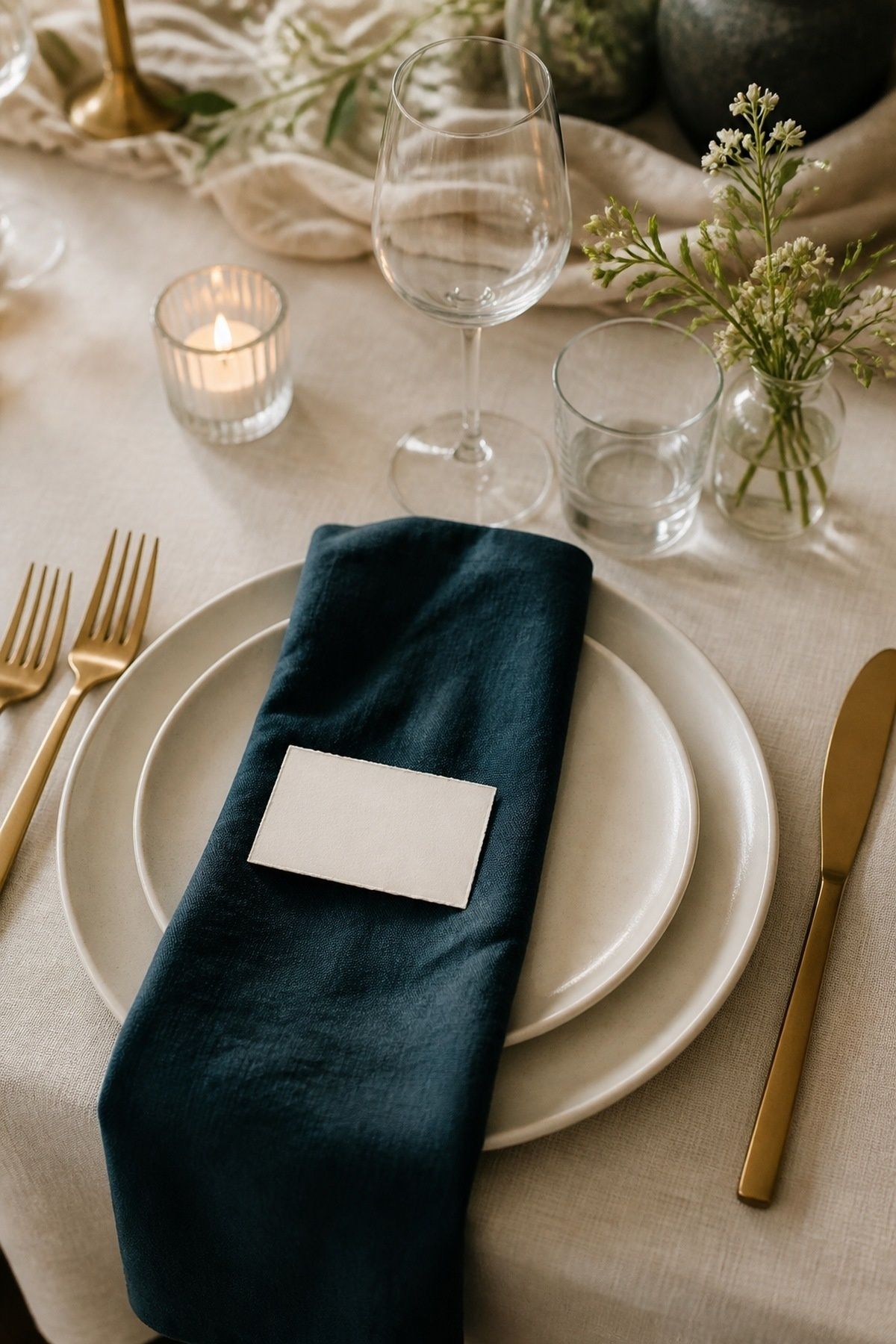 Folded teal napkins on neutral plates