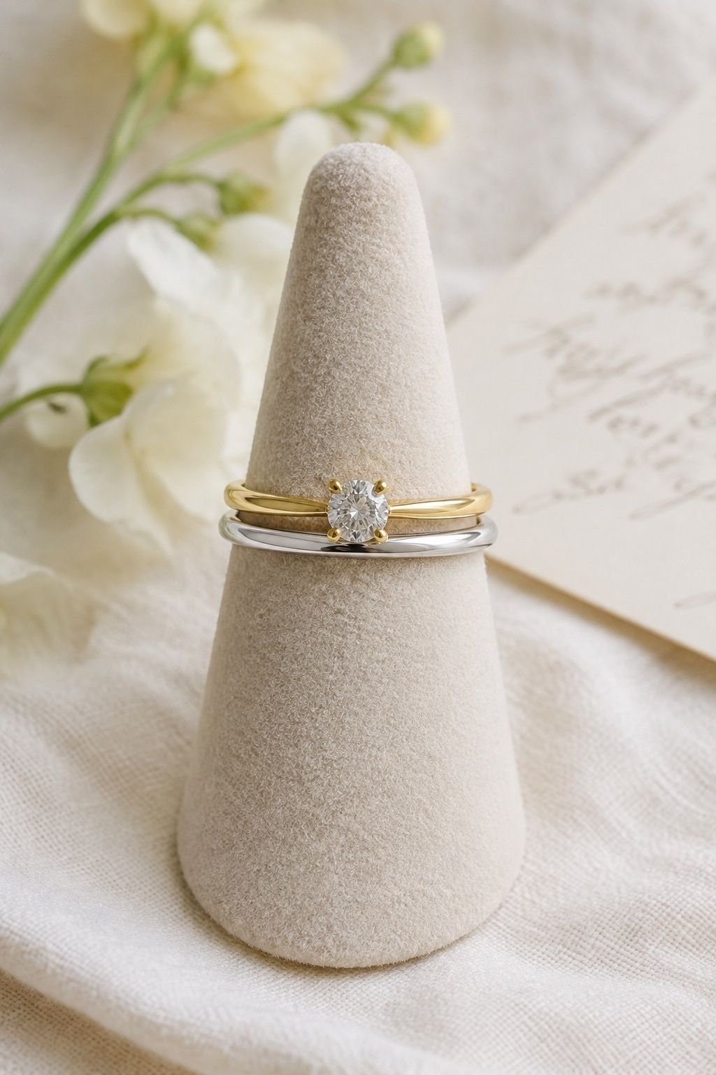 Yellow gold engagement ring with a white gold band