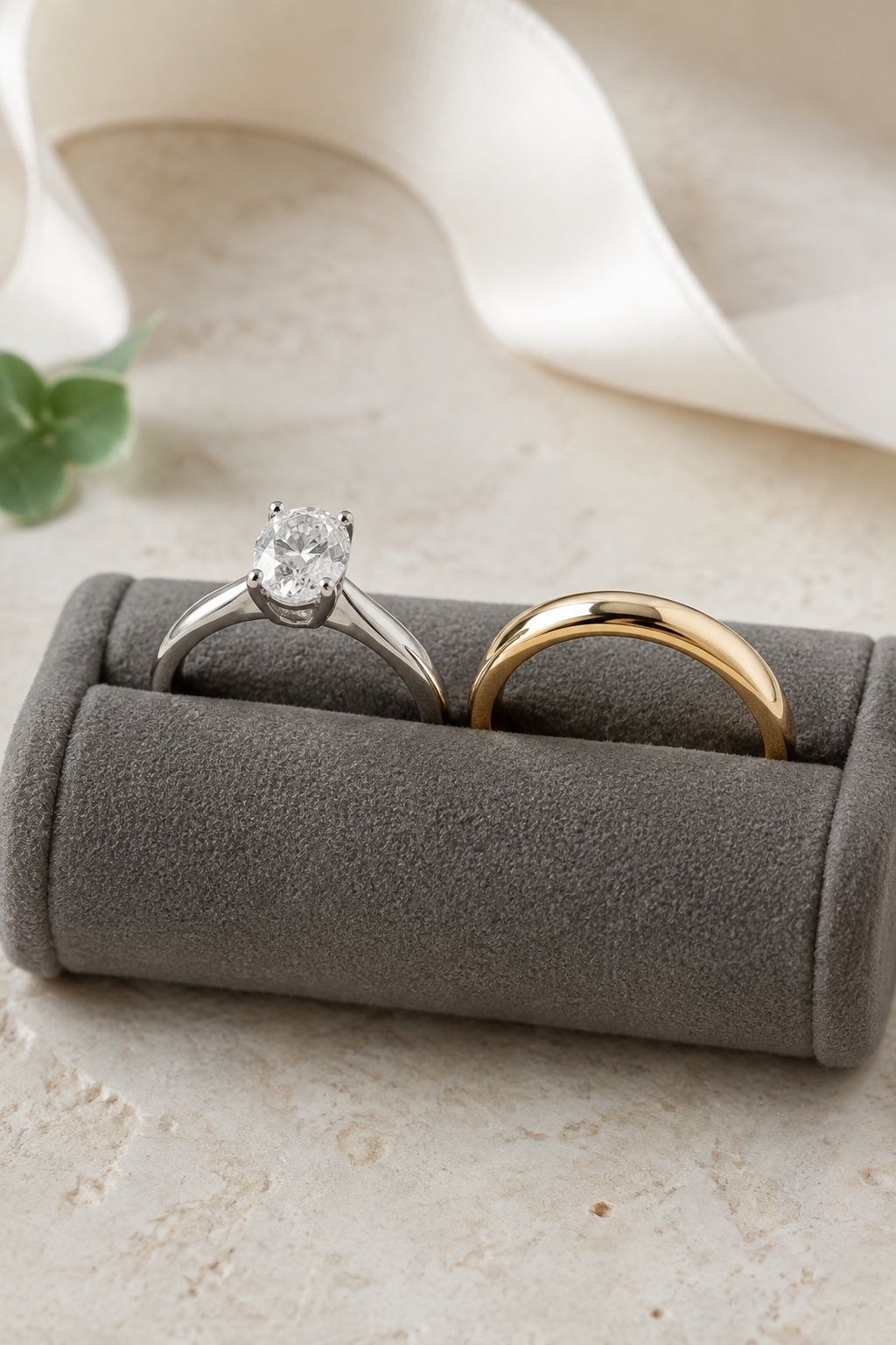 Platinum engagement ring with a yellow gold band