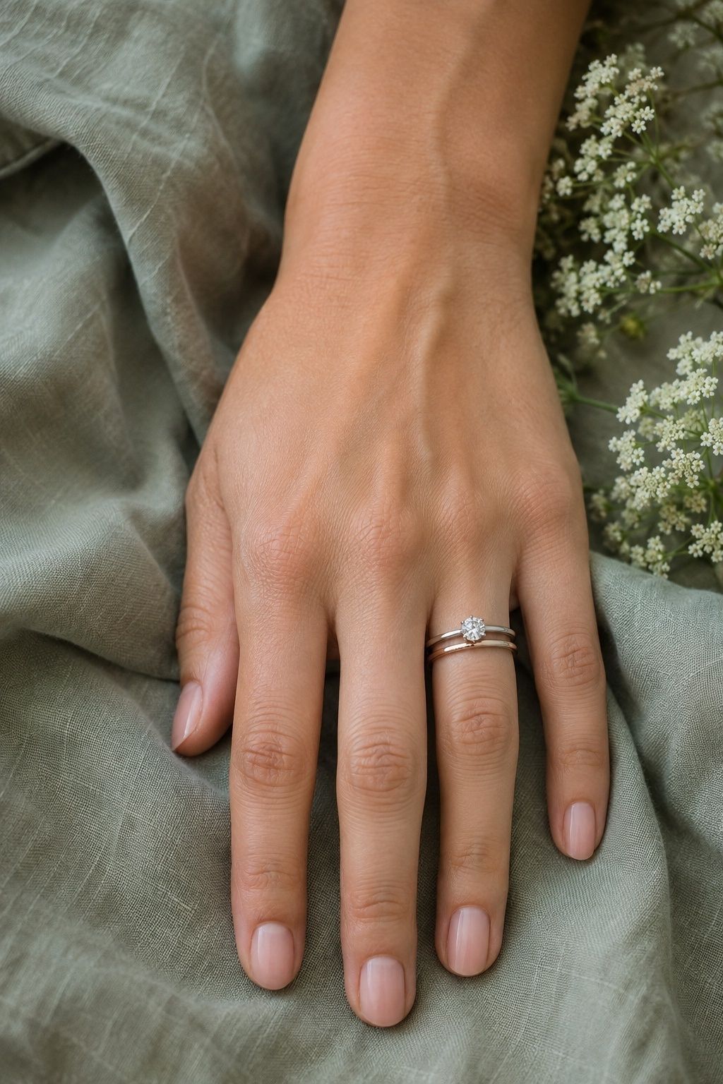 Rose gold band between two white metal rings