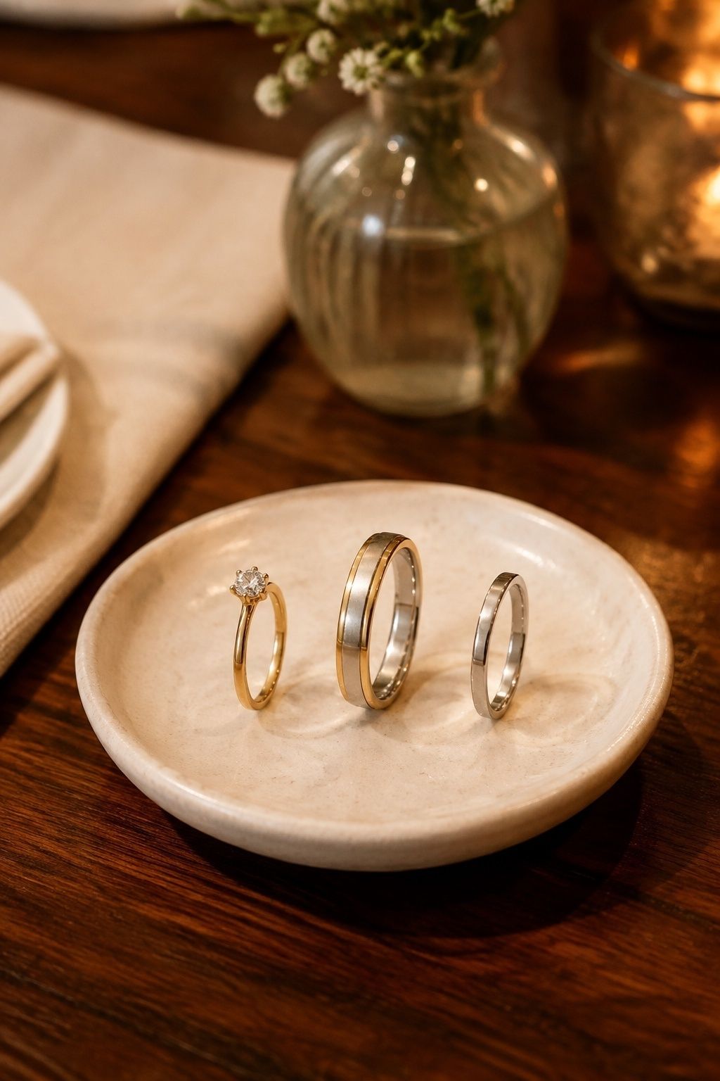 Two-tone wedding band in a simple stack