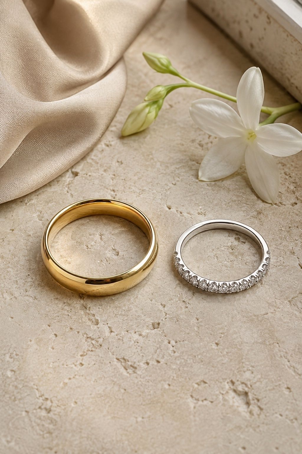 Plain yellow gold band with a platinum diamond band
