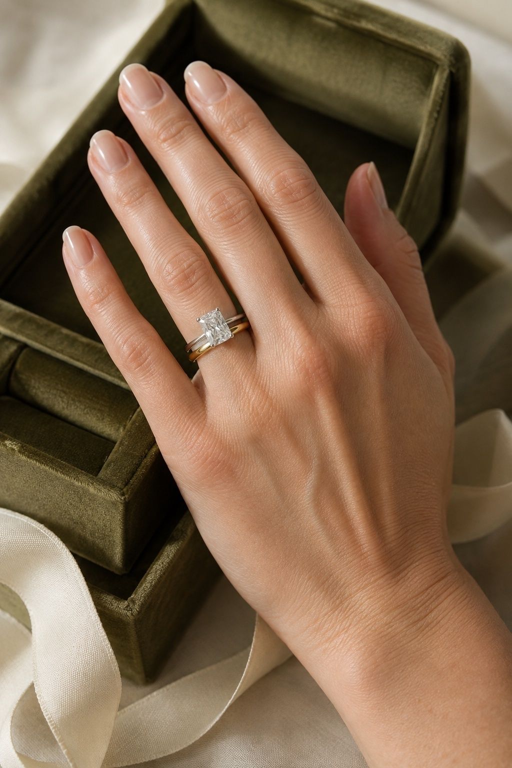 Radiant-cut ring in a mixed metal stack