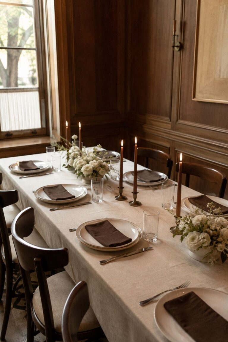 Cream wedding table linens and plates with mocha napkins and brown taper candles.