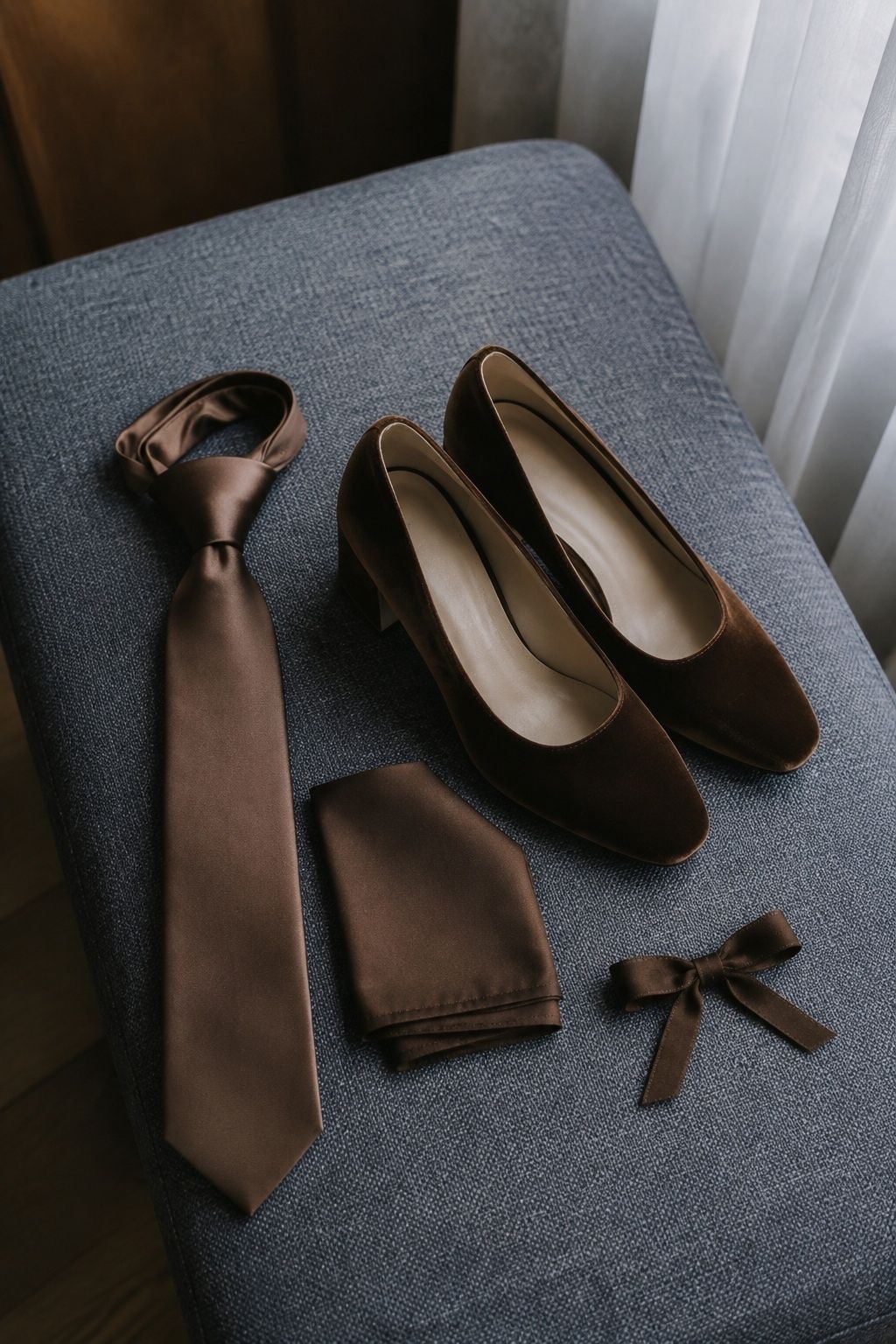 Brown velvet shoes, mocha tie, pocket square and hair bow on a blue-gray bench.