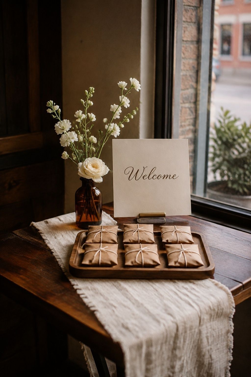 Coffee favor packets and a cream welcome card beside amber glass flowers on a cafe table.