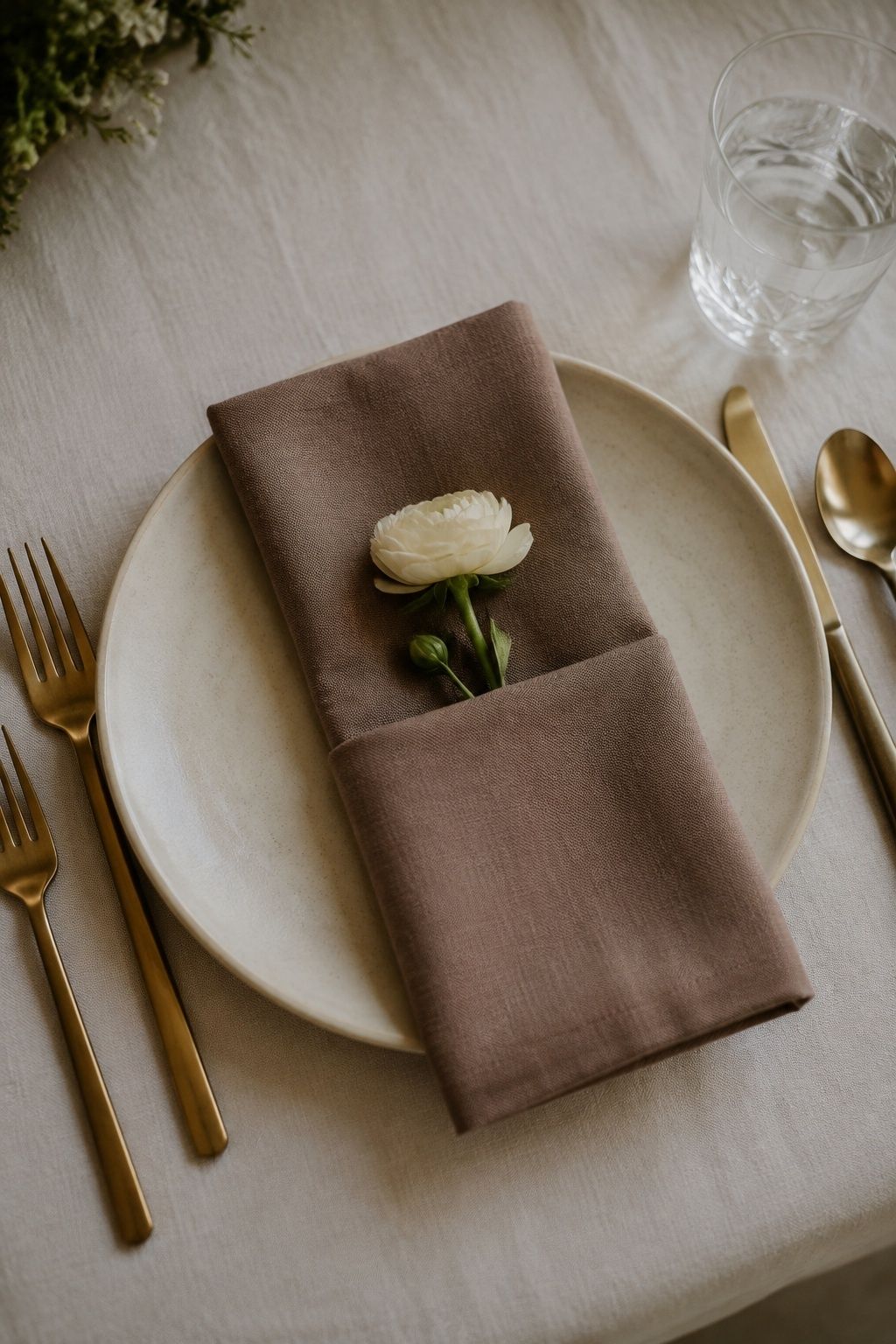Folded mocha napkin and a cream flower on a cream wedding plate with gold flatware.